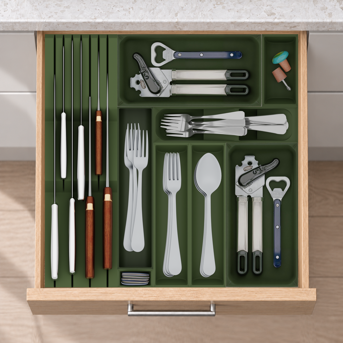 Primary Cutlery Drawer with Medium Kitchen Tool Storage in Olive Green, fitted wall-to-wall in an illustrative natural oak drawer under neutral white light. Accessories shown for illustration.