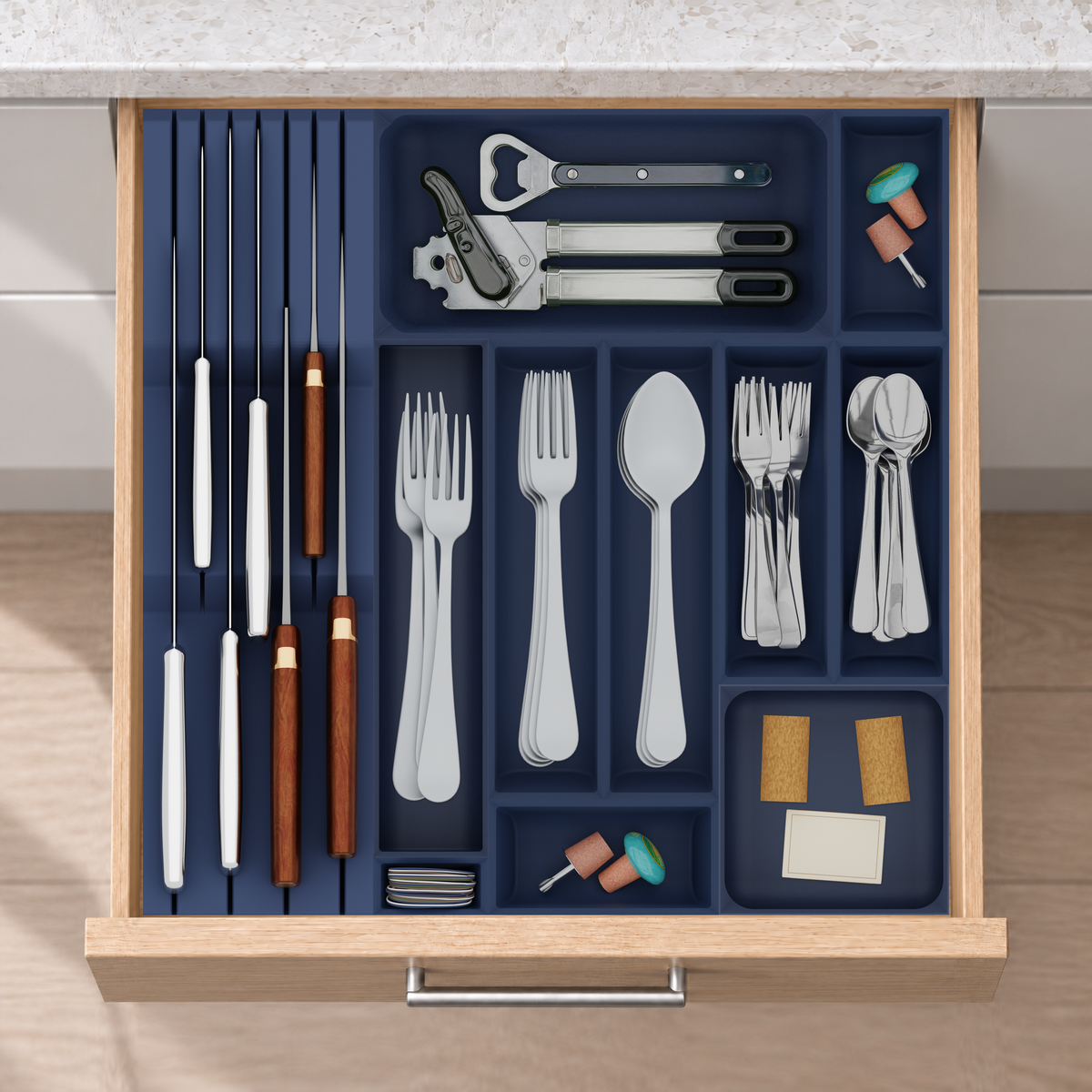 Ultimate Dinner Cutlery & Chef’s Knife Organiser –  413x413mm in Army Blue, fitted wall-to-wall in an illustrative natural oak drawer under neutral white light. Accessories shown for illustration.