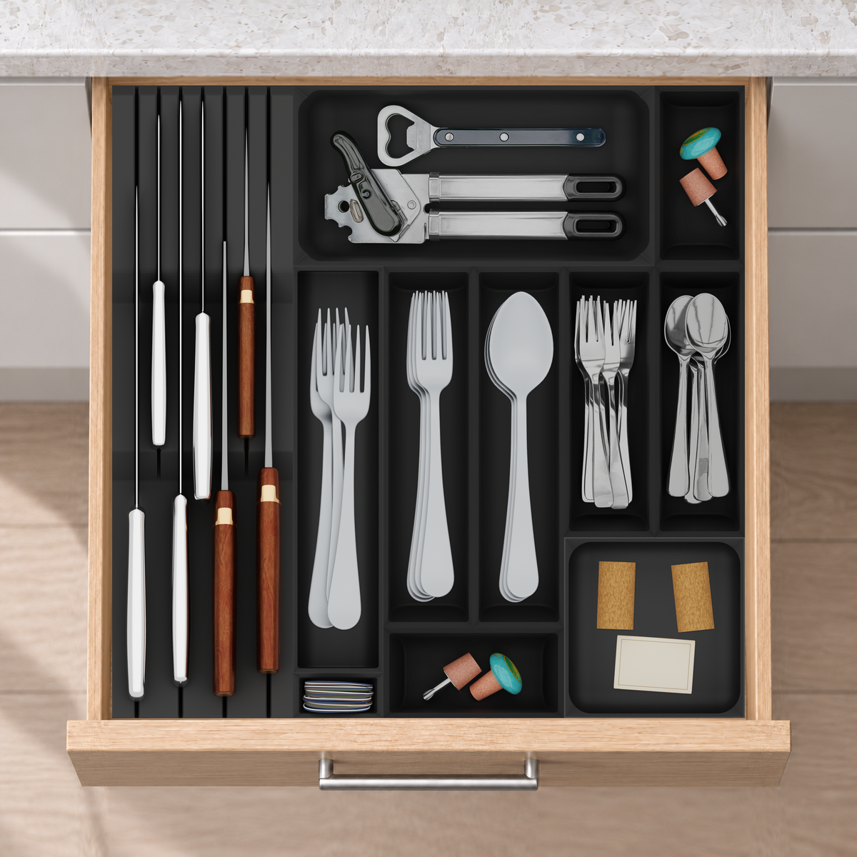 Ultimate Dinner Cutlery & Chef’s Knife Organiser –  413x413mm in Charcoal Black, fitted wall-to-wall in an illustrative natural oak drawer under neutral white light. Accessories shown for illustration.
