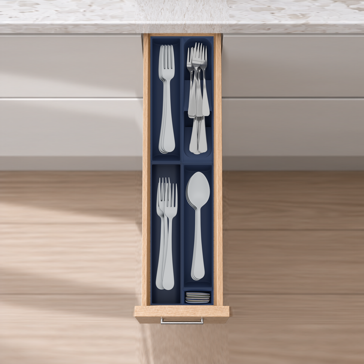 Narrow Core Cutlery Organiser – 501.5x118mm in Army Blue, fitted wall-to-wall in an illustrative natural oak drawer under neutral white light. Accessories shown for illustration.
