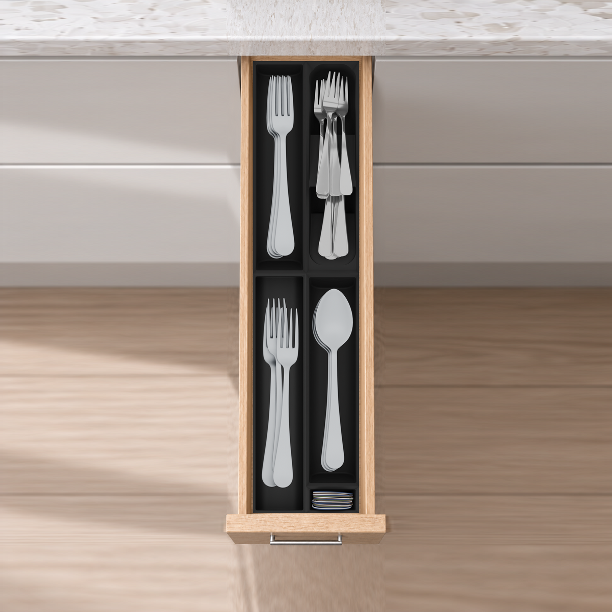 Narrow Core Cutlery Organiser – 501.5x118mm in Charcoal Black, fitted wall-to-wall in an illustrative natural oak drawer under neutral white light. Accessories shown for illustration.