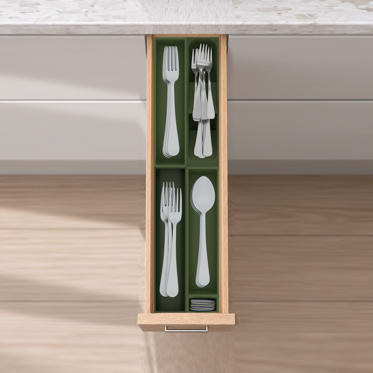 Narrow Core Cutlery Organiser – 501.5x118mm in Olive Green, fitted wall-to-wall in an illustrative natural oak drawer under neutral white light. Accessories shown for illustration.