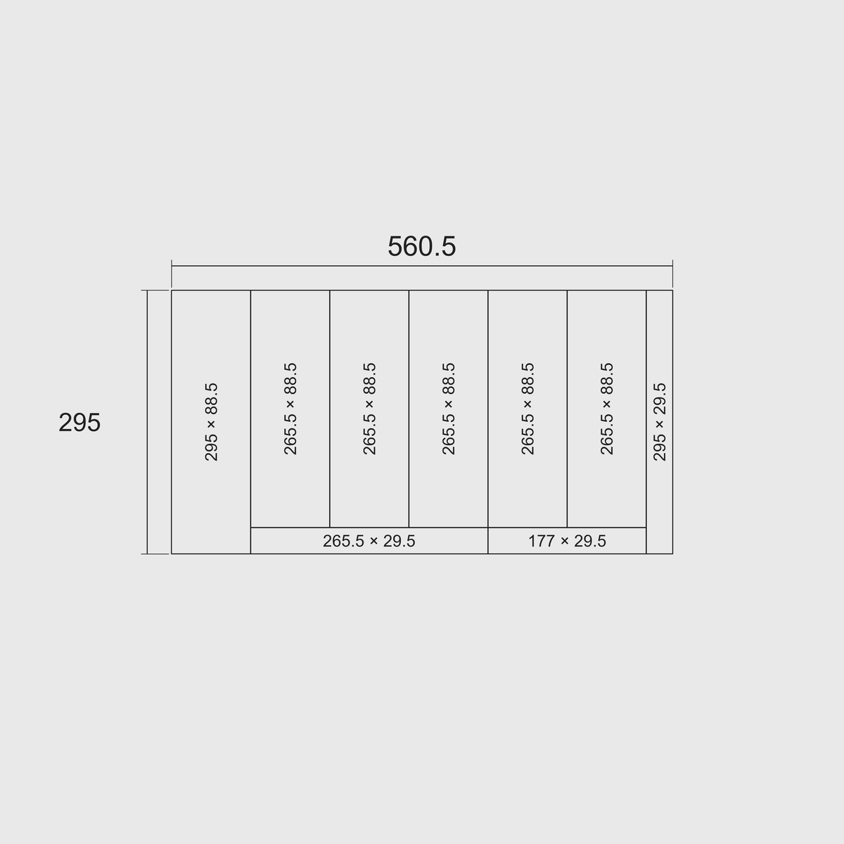 Nominal 560.5 × 295 mm grid-footprint diagram with each whole module’s length × width in mm
