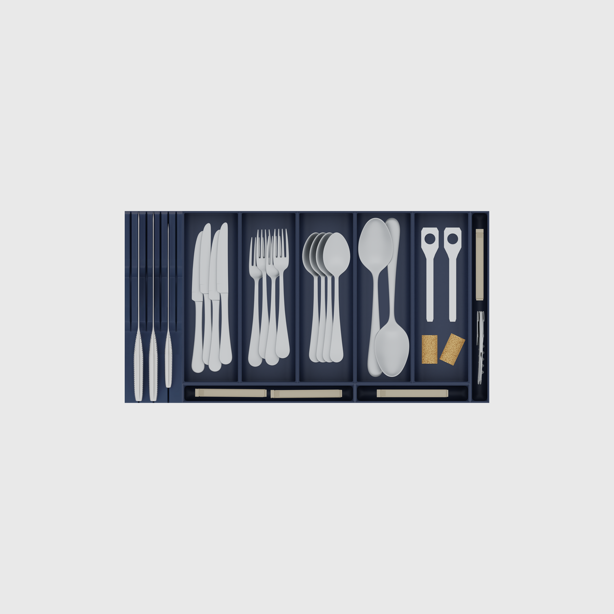 Shallow family cutlery and knife drawer organiser set in Army Blue, 560.5 × 295 mm, with bottle openers and wine corks