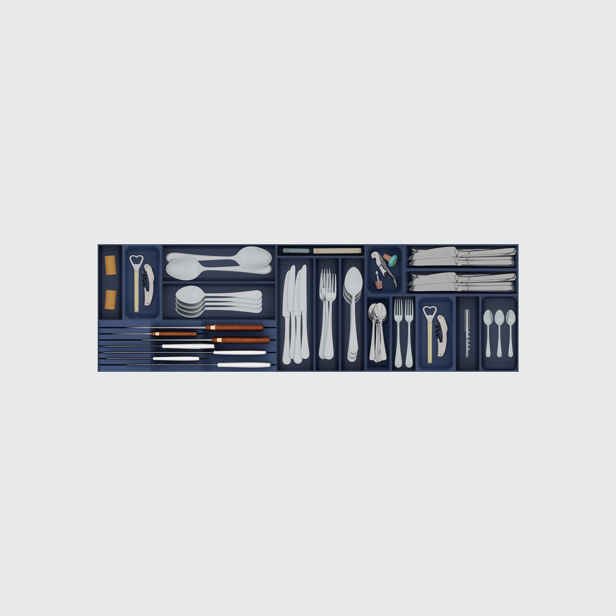Filled 17-module shallow cutlery and chef knife drawer organiser set in Army Blue, nominally 973.5 mm wide × 295 mm deep