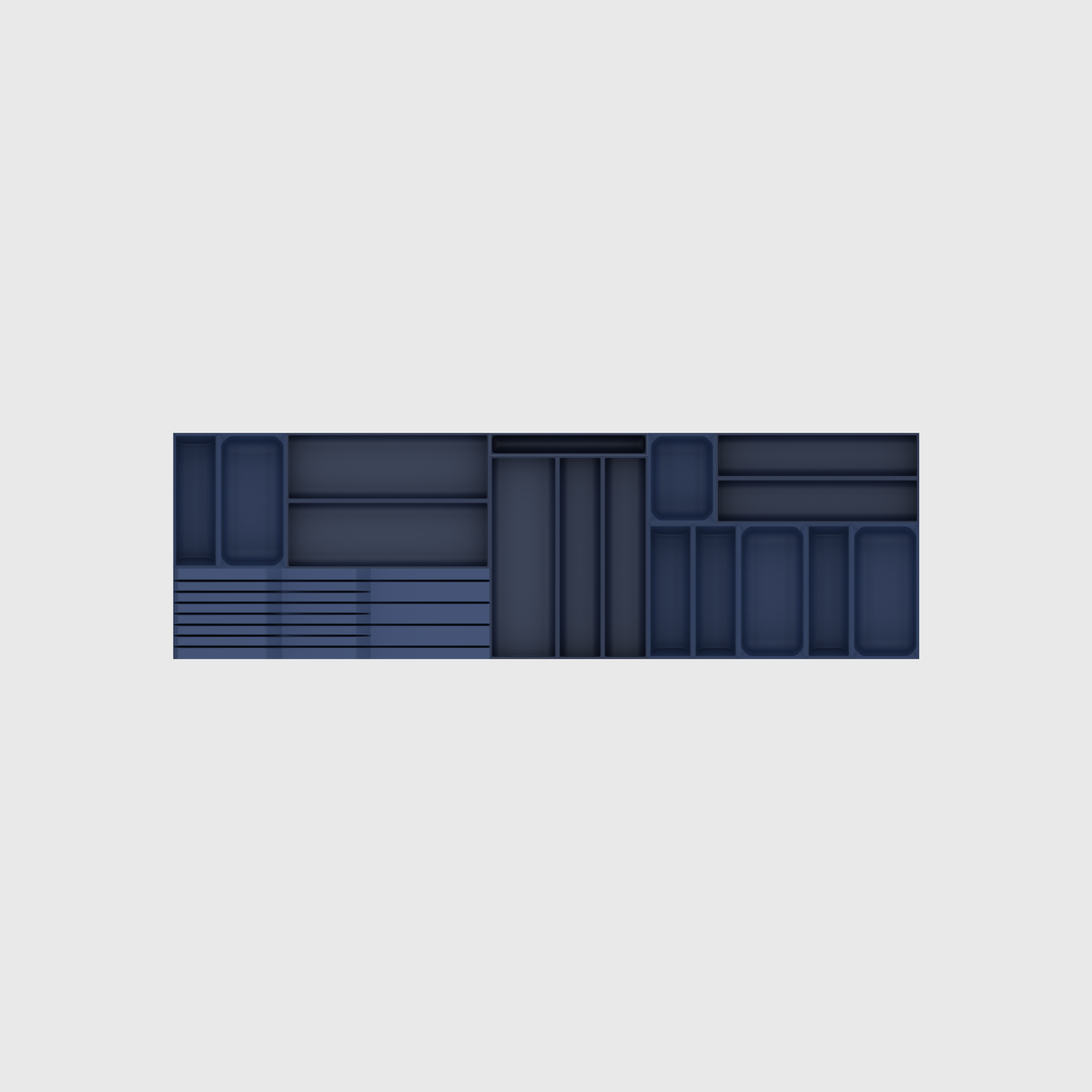 Empty 17-module shallow cutlery and chef knife drawer organiser set in Army Blue, nominally 973.5 mm wide × 295 mm deep