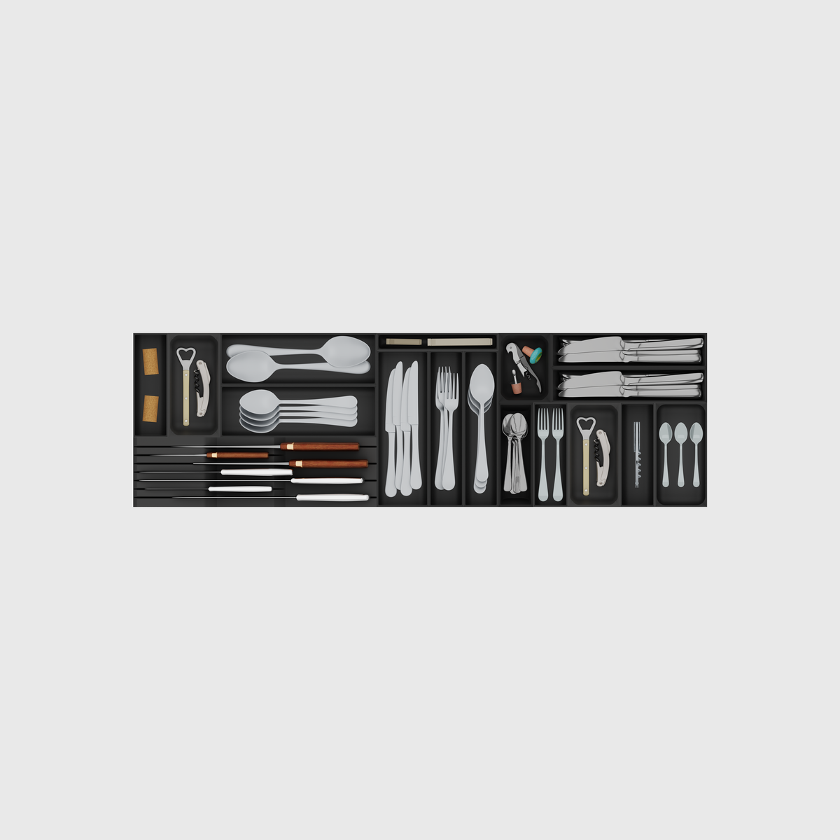 Filled 17-module shallow cutlery and chef knife drawer organiser set in Charcoal Black, nominally 973.5 mm wide × 295 mm deep