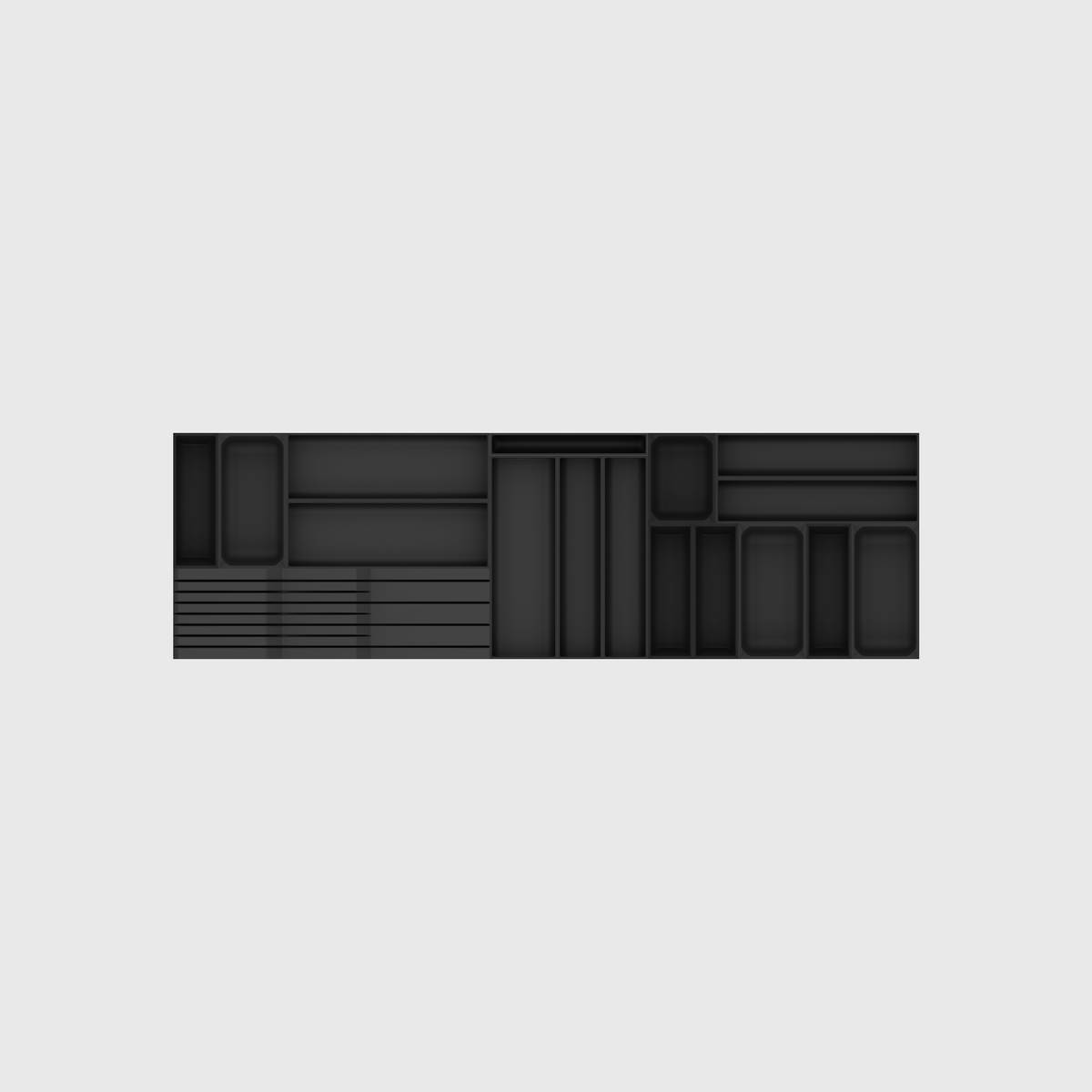 Empty 17-module shallow cutlery and chef knife drawer organiser set in Charcoal Black, nominally 973.5 mm wide × 295 mm deep