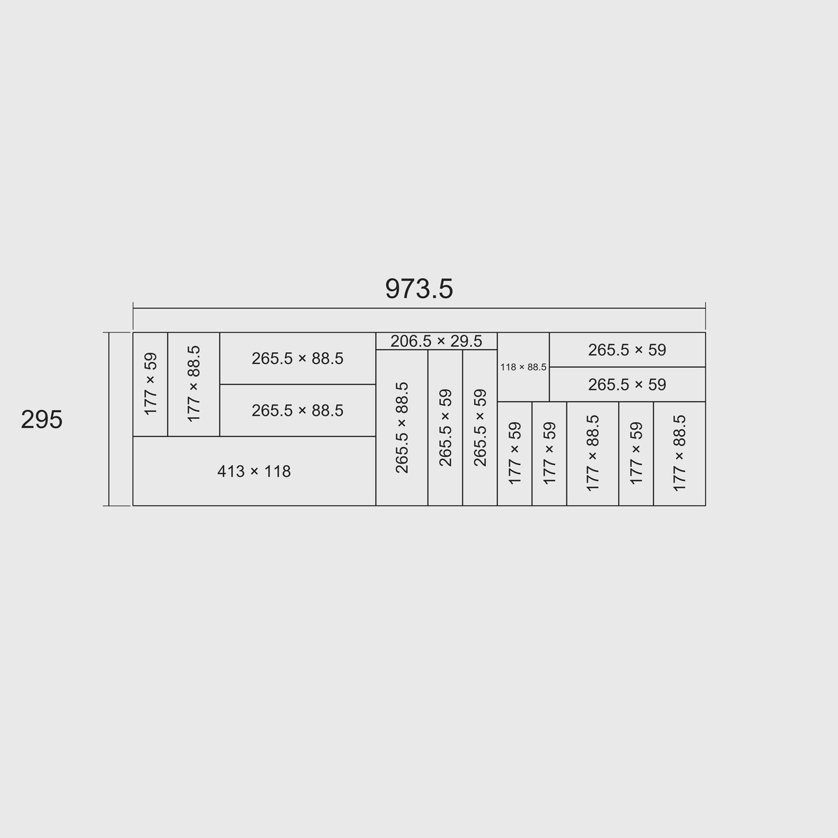 Nominal grid footprint: 973.5 mm wide × 295 mm deep, each module's overall length × width in millimetres, 29.5 mm per grid cell