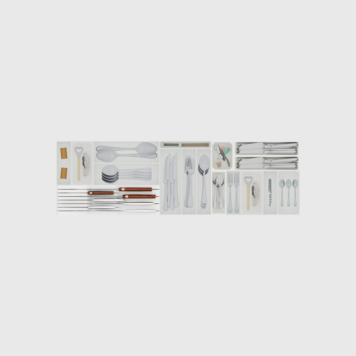 Filled 17-module shallow cutlery and chef knife drawer organiser set in Cotton White, nominally 973.5 mm wide × 295 mm deep