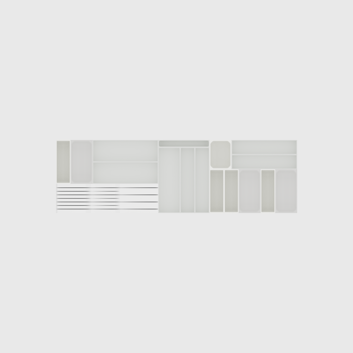 Empty 17-module shallow cutlery and chef knife drawer organiser set in Cotton White, nominally 973.5 mm wide × 295 mm deep