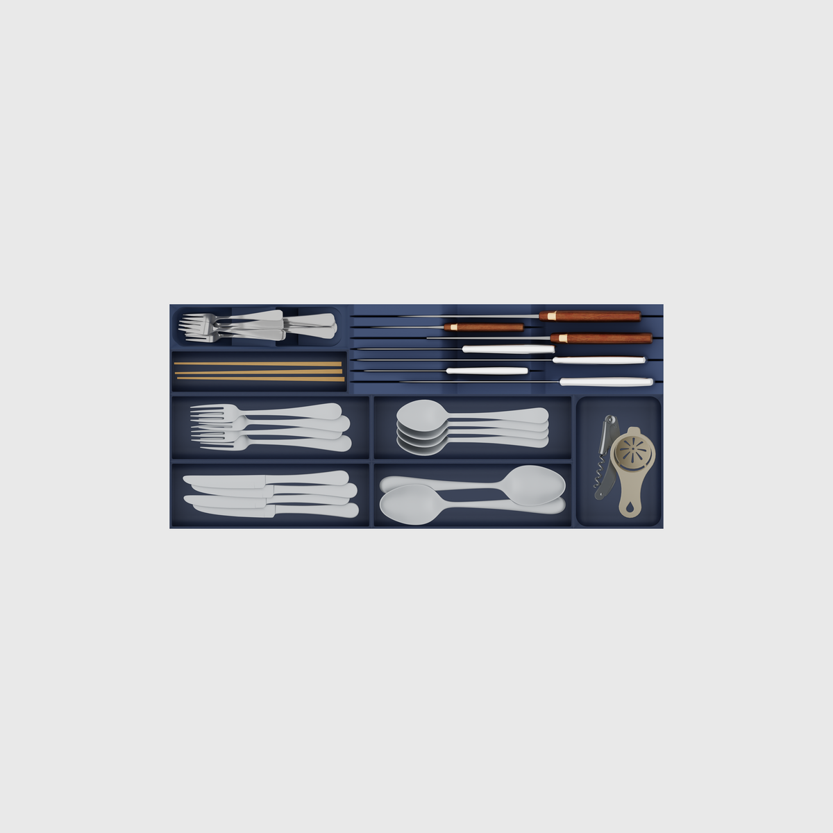 Styled eight-module shallow wide cutlery and chef knives drawer organiser set in Army Blue; nominal 649 × 295 mm grid footprint