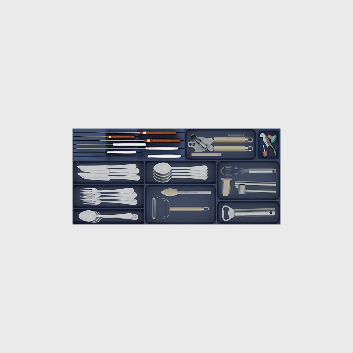 Wide shallow cutlery and knife drawer organiser set in Army Blue; nominal 767 × 354 mm grid footprint.