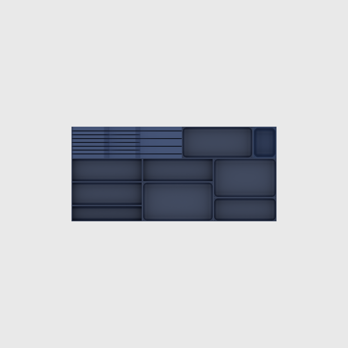 Empty module layout of the wide shallow cutlery and knife set in Army Blue; nominal 767 × 354 mm grid footprint.