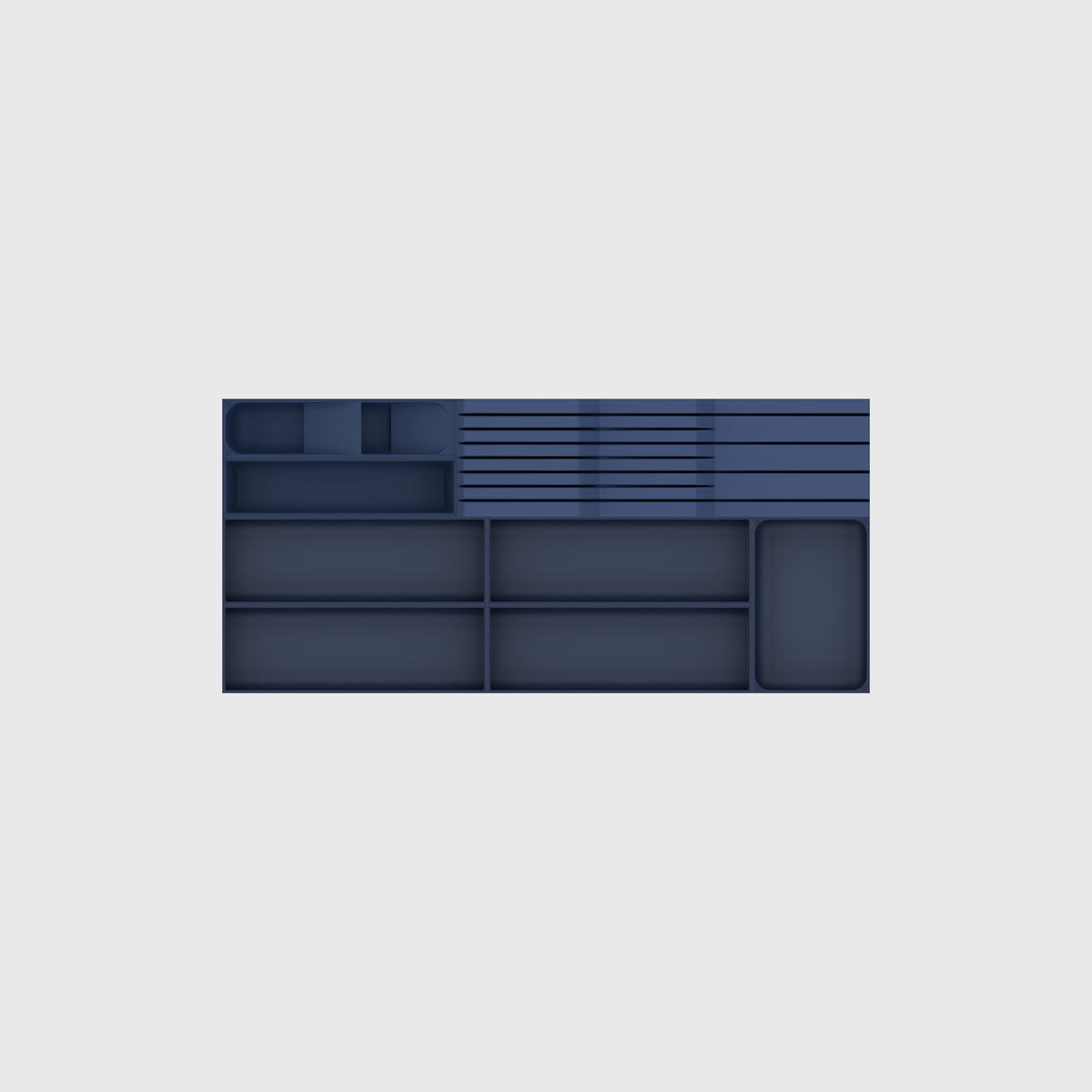 Empty eight-module shallow wide cutlery and chef knives drawer organiser set in Army Blue; nominal 649 × 295 mm grid footprint