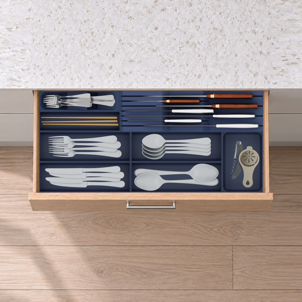 Shallow Wide Cutlery & Chef Knives Drawer Organiser Set in Army Blue, fitted in an oak drawer under neutral white light. Nominal layout 649 × 295 mm. Accessories shown are not included.