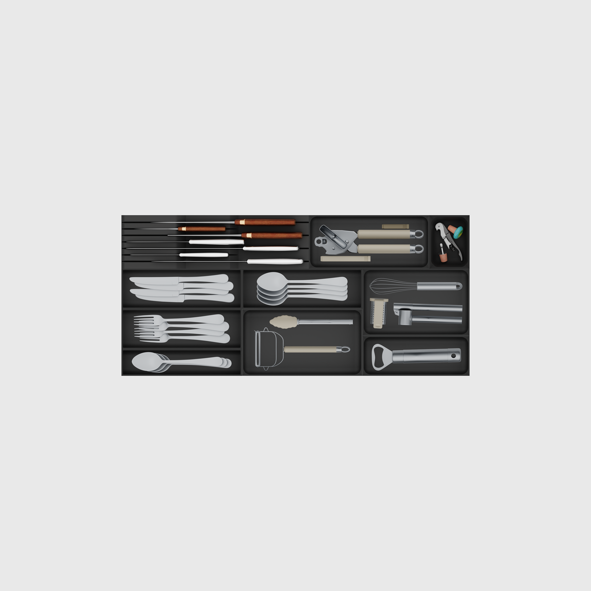 Wide shallow cutlery and knife drawer organiser set in Charcoal Black; nominal 767 × 354 mm grid footprint.