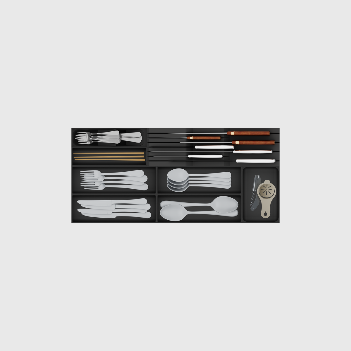 Styled eight-module shallow wide cutlery and chef knives drawer organiser set in Charcoal Black; nominal 649 × 295 mm grid footprint