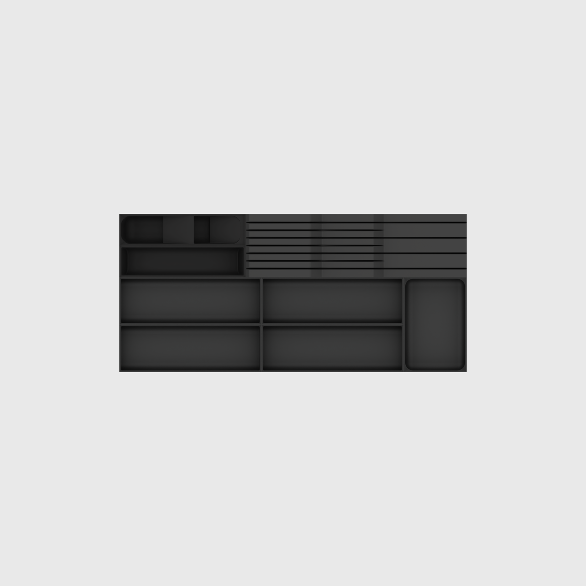 Empty eight-module shallow wide cutlery and chef knives drawer organiser set in Charcoal Black; nominal 649 × 295 mm grid footprint
