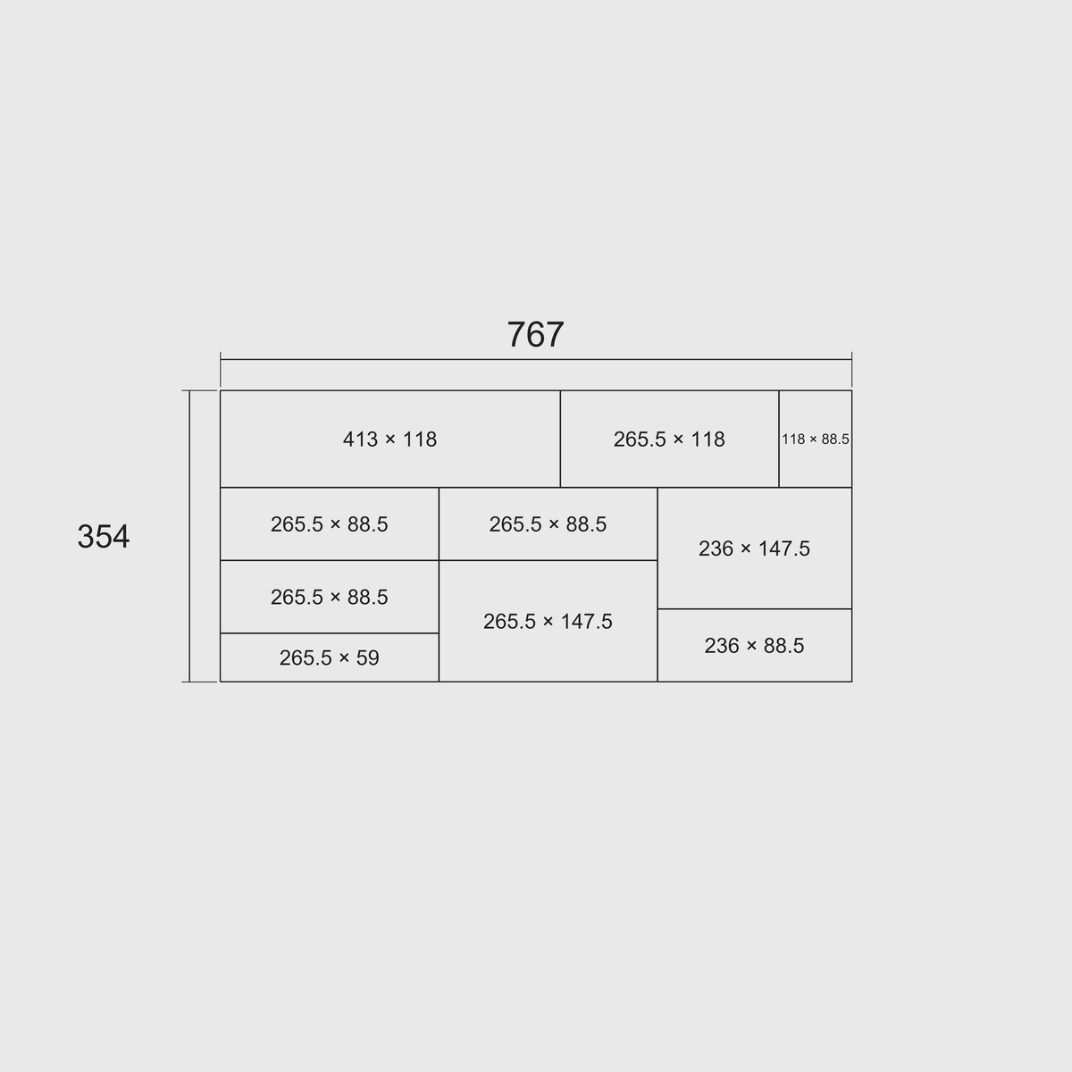 Grid-footprint diagram in millimetres: nominal 767 × 354 mm overall, with each whole module's length × width labelled.
