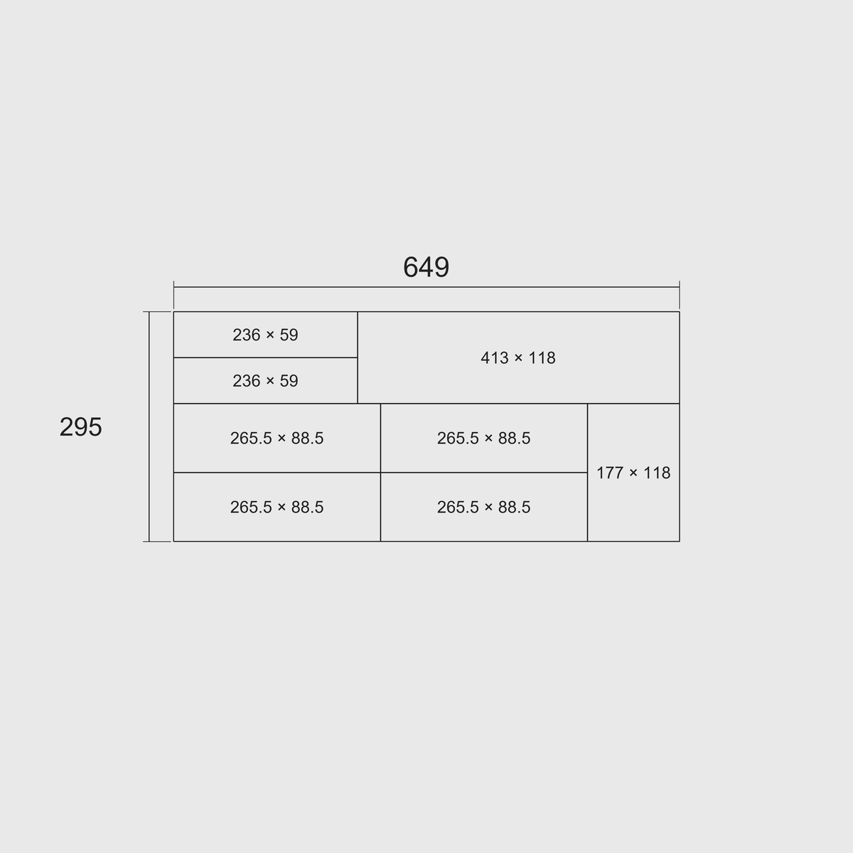 Technical grid diagram showing nominal external length × width of all eight modules and overall 649 × 295 mm set footprint