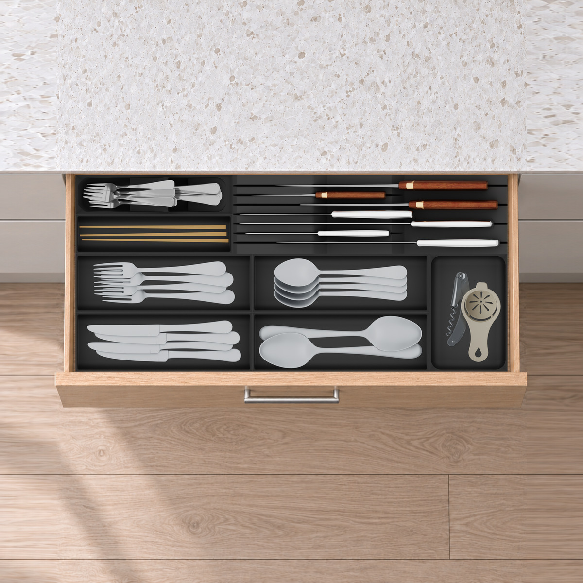 Shallow Wide Cutlery & Chef Knives Drawer Organiser Set in Charcoal Black, fitted in an oak drawer under neutral white light. Nominal layout 649 × 295 mm. Accessories shown are not included.