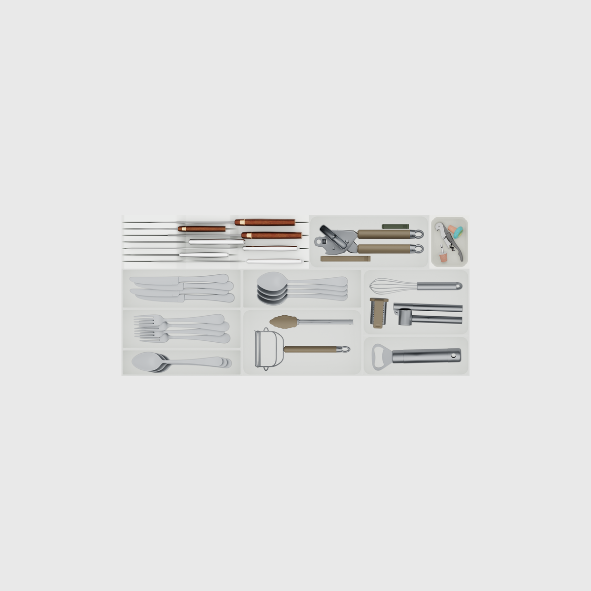 Wide shallow cutlery and knife drawer organiser set in Cotton White; nominal 767 × 354 mm grid footprint.