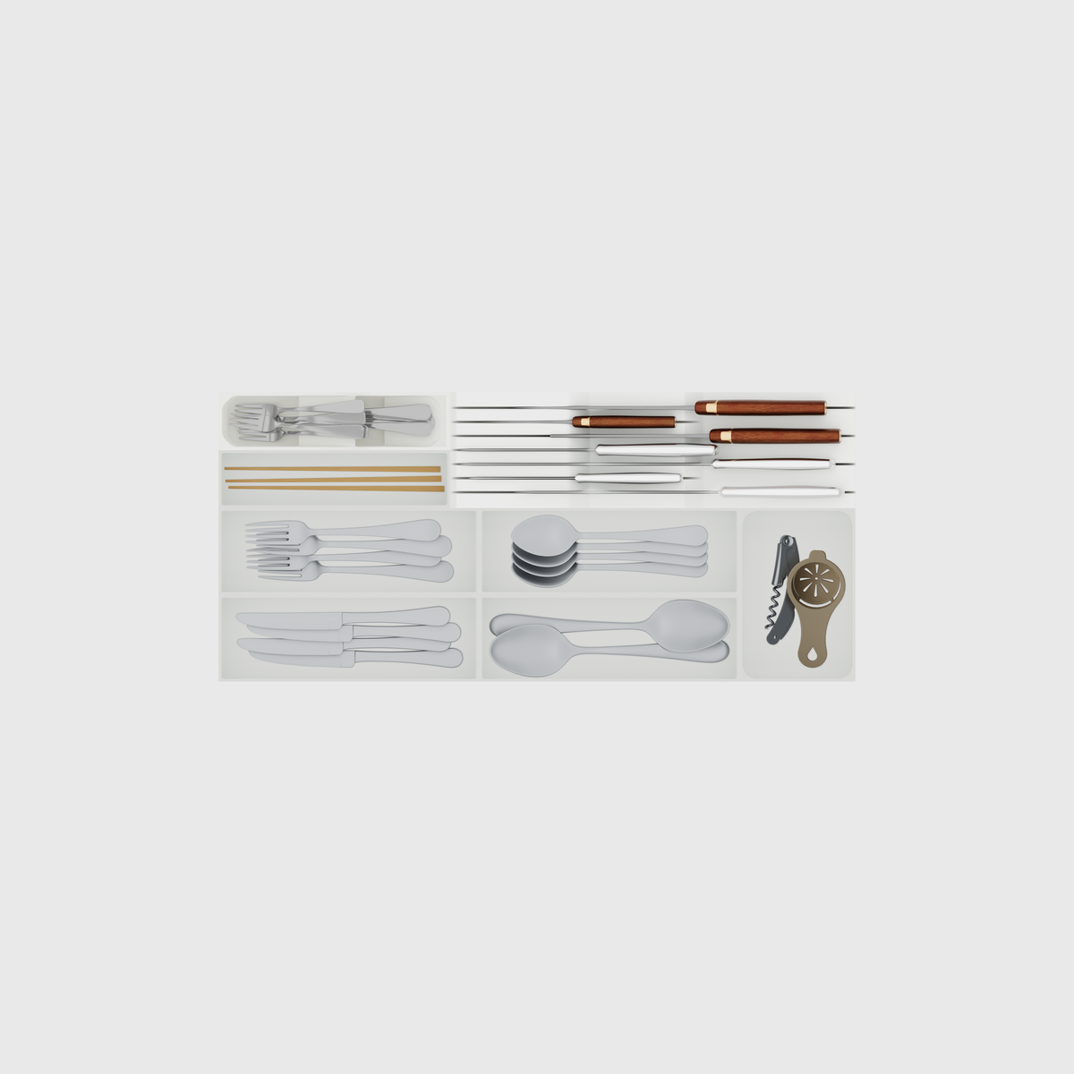 Styled eight-module shallow wide cutlery and chef knives drawer organiser set in Cotton White; nominal 649 × 295 mm grid footprint