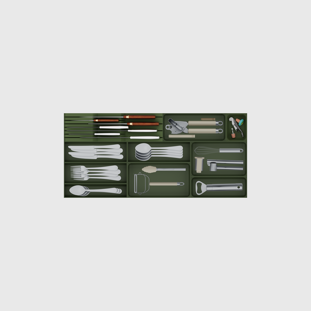 Wide shallow cutlery and knife drawer organiser set in Olive Green; nominal 767 × 354 mm grid footprint.