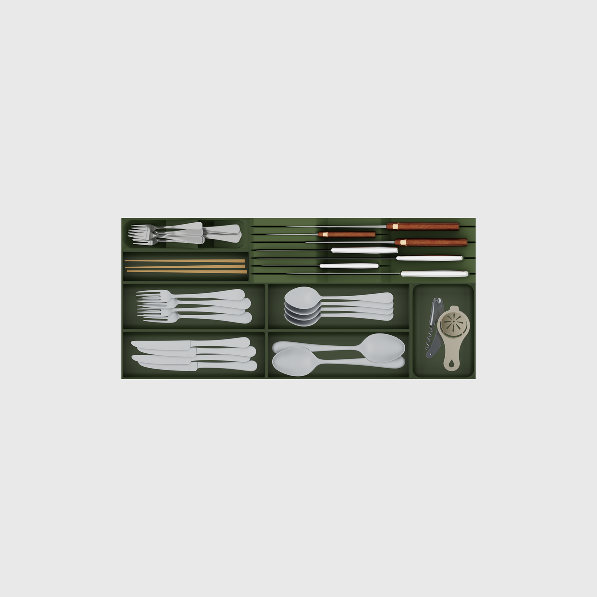 Styled eight-module shallow wide cutlery and chef knives drawer organiser set in Olive Green; nominal 649 × 295 mm grid footprint