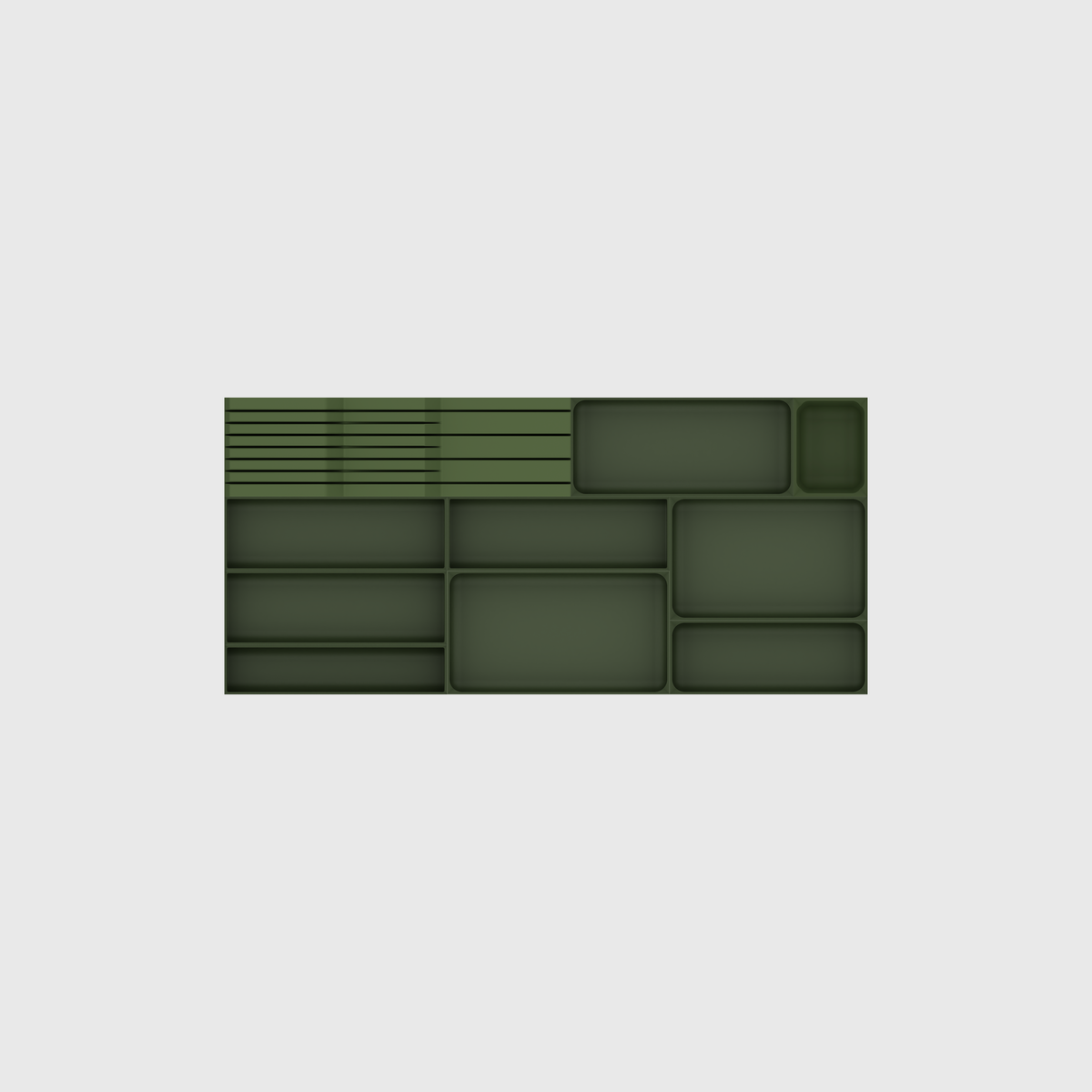 Empty module layout of the wide shallow cutlery and knife set in Olive Green; nominal 767 × 354 mm grid footprint.