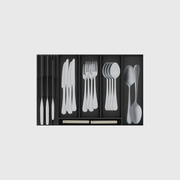 Six-module cutlery, chef knife and serving tools drawer organiser set in Charcoal Black, shown with illustrative utensils. Nominal 442.5 × 295 mm footprint.