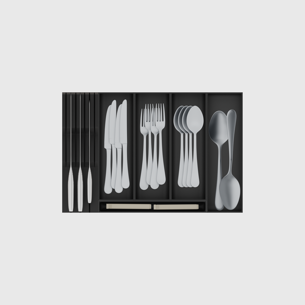 Six-module cutlery, chef knife and serving tools drawer organiser set in Charcoal Black, shown with illustrative utensils. Nominal 442.5 × 295 mm footprint.
