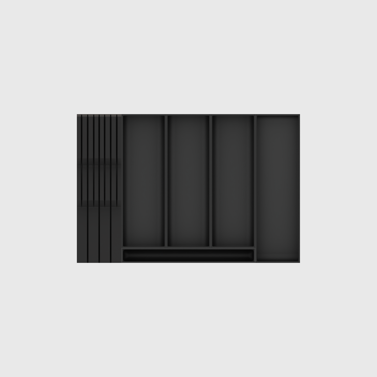 Empty six-module shallow cutlery and knife drawer organiser set in Charcoal Black. Nominal 442.5 × 295 mm footprint.