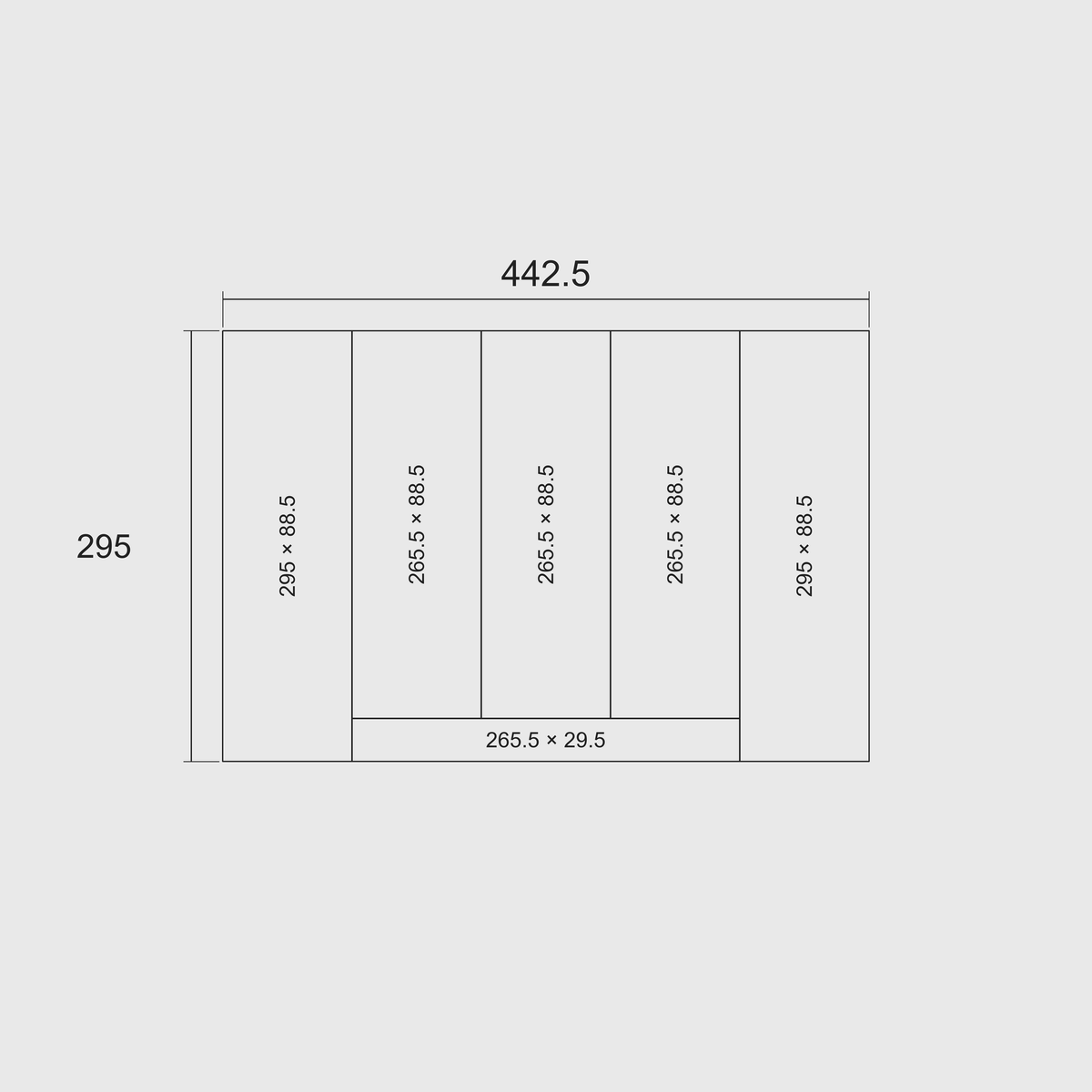 Dimension diagram showing the set’s nominal 442.5 × 295 mm footprint and the length and width of each complete module.