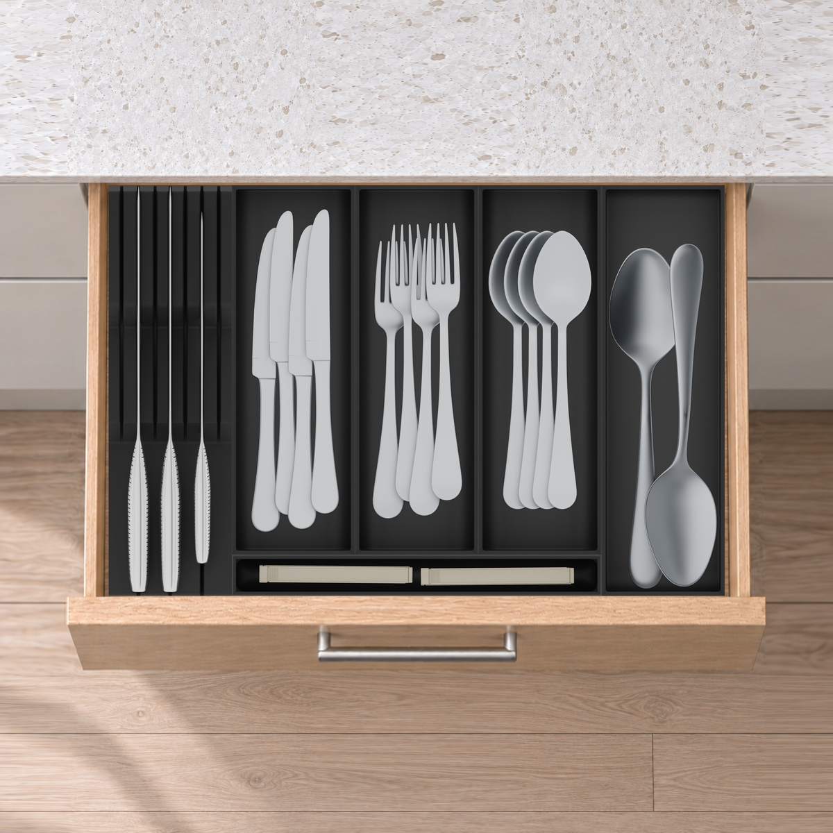 Shallow Cutlery & Knife Drawer Organiser Set in Charcoal Black, fitted in an oak drawer under neutral white light. Nominal layout 442.5 × 295 mm. Accessories shown are not included.