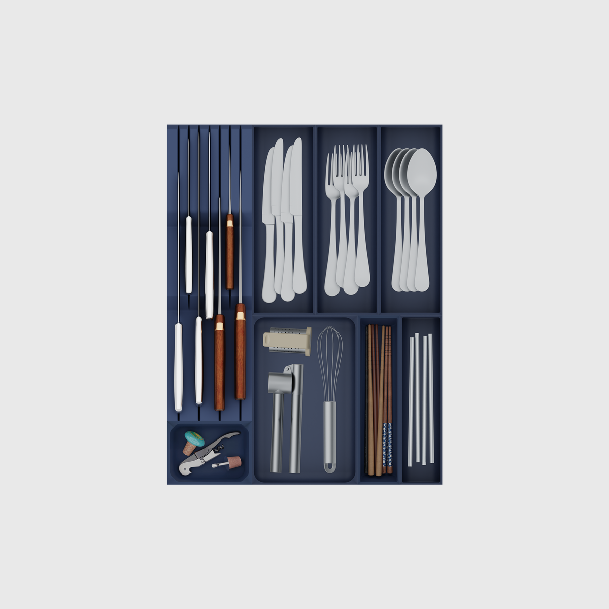 Slim deep cutlery and chef knife drawer organiser set in Army Blue
