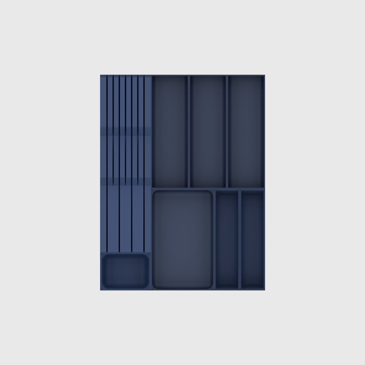Eight-piece modular drawer organiser without utensils in Army Blue