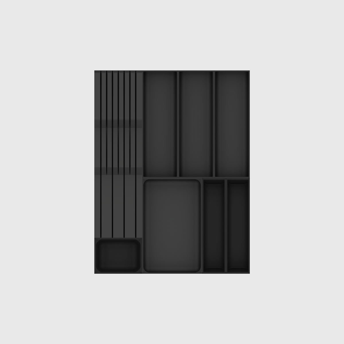 Eight-piece modular drawer organiser without utensils in Charcoal Black