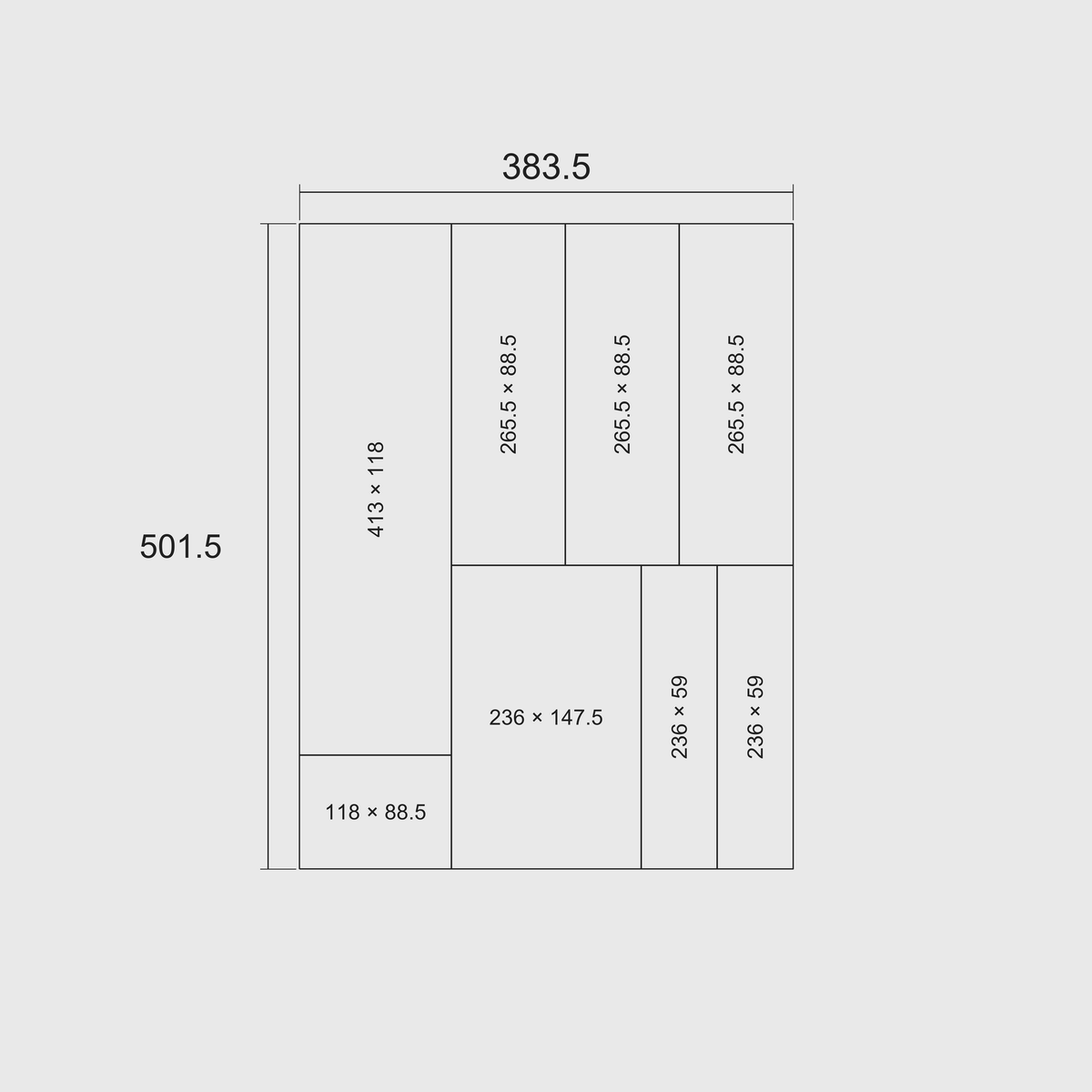 Dimension diagram of eight-piece drawer organiser, 383.5 × 501.5 mm