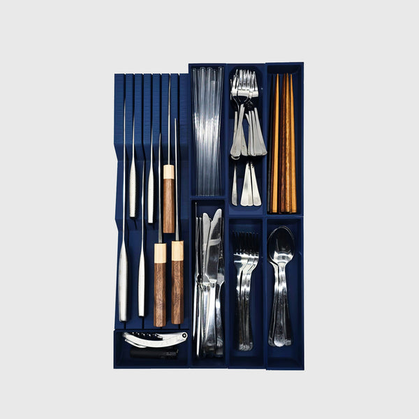 Slim cutlery and chef’s knives drawer organiser — 472×295mm pre-made layout, food-safe PLA