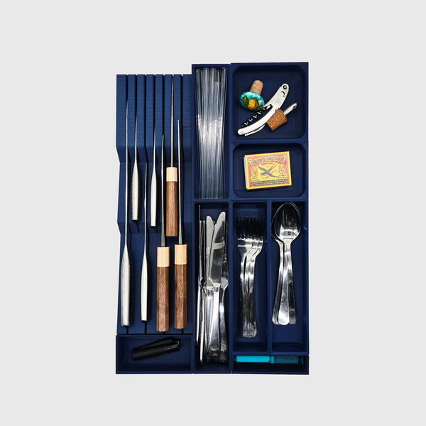Slim modular cutlery and knife drawer organiser — 472×295mm pre-made layout, food-safe PLA