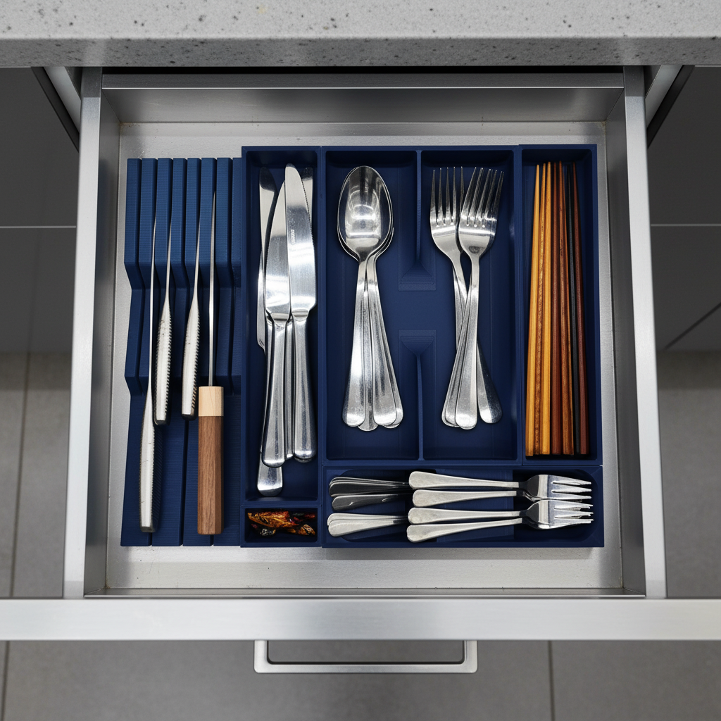 Space Saving Cutlery Organizer With Knife Block - Standard - Army Blue - View 4 - Hover