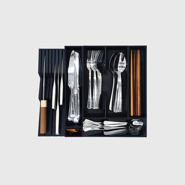 Space-saving cutlery drawer organiser with knife block — 295×354mm pre-made layout, food-safe PLA