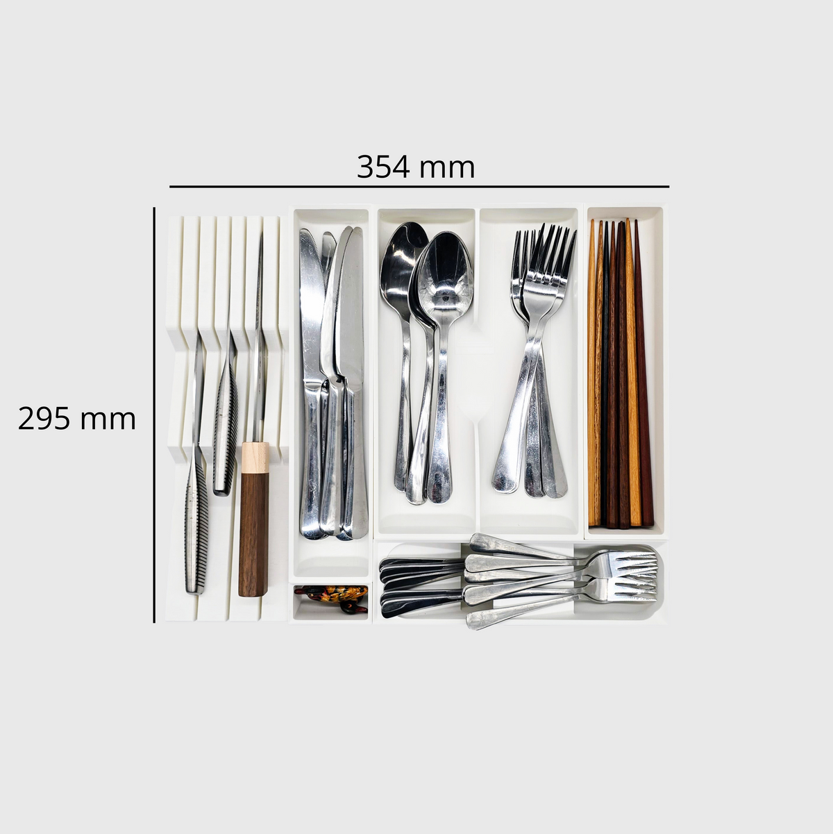 Space-Saving Cutlery Organiser & Knife Block in Cotton White — modular drawer organiser (295×354mm), food-safe PLA bioplastic, alternate angle