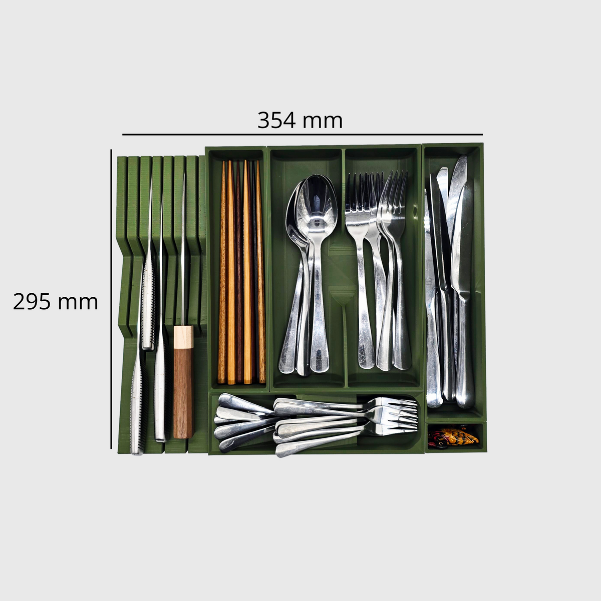 Space-Saving Cutlery Organiser & Knife Block in Olive Green — modular drawer organiser (295×354mm), food-safe PLA bioplastic, alternate angle
