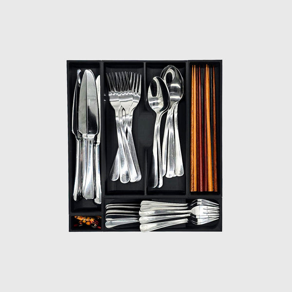 Space-saving cutlery drawer organiser — 295×265.5mm multi-tier stacking, food-safe PLA bioplastic