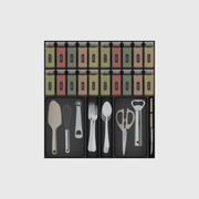 Charcoal Black nine-module spice and cutlery drawer organiser on a nominal 472 × 501.5 mm grid; contents shown for illustration