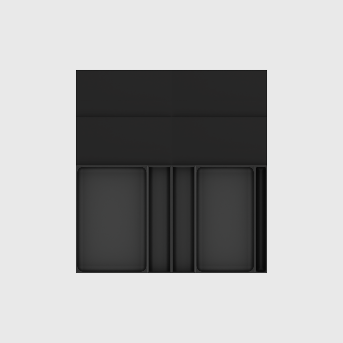 Empty Charcoal Black spice and cutlery drawer organiser with nine modules on a nominal 472 × 501.5 mm grid
