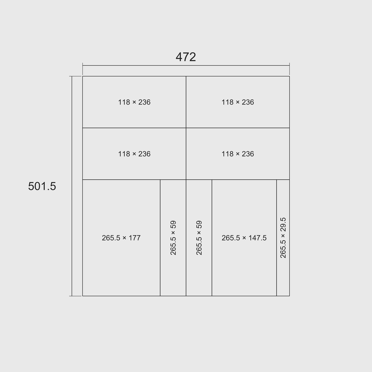 Plain footprint diagram of nine whole modules, showing nominal grid length × width in millimetres; overall 472 mm wide × 501.5 mm deep